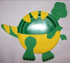 a green and yellow paper plate shaped like a turtle