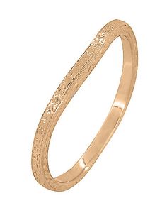 This dainty Art Deco antique style engraved wedding ring is meticulously hand crafted in 14K rose ( pink ) gold, and features a romantic engraved wheat pattern on the two outward facing sides of the band, framed by light scattering millgrain edging for a wonderful finishing touch. Measuring a narrow 1.5 millimeters wide, and rising 1.8 millimeters off the finger, this exquisitely detailed rose gold curved wedding band is sure to be cherished as a symbol of your love. This ring is shown on this p Engraved Wedding Ring, Rose Gold Art, Light Scattering, Engraved Wedding Rings, Wedding Ring Sizes, Engraved Wedding, Curved Wedding Band, Gold Art Deco, Gold Art