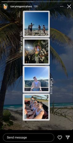 an iphone photo collage with three people on the beach and palm trees in the background