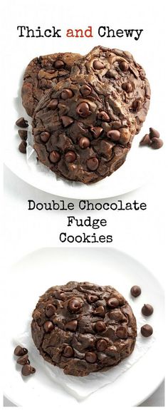 two plates with cookies on them and one has chocolate chips in the middle, and another has