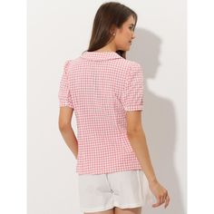 The gingham check pattern and full placket highlight the perfect short sleeve with the button-down of this soft and lightweight shirt. Made of lightweight woven, this versatile top is a summer staple that can be styled with just about anything. Puff sleeves add a bit of feminine touch, and add some flare to your everyday look. Pair it with pants or skirts and heels for an elegant work look. Short Sleeve Gingham Blouse For Day Out, Gingham Short Sleeve Blouse For Work, Short Sleeve Gingham Blouse For Work, Spring Plaid Short Sleeve Shirt, Summer Plaid Short Sleeve Blouse, Plaid Short Sleeve Summer Blouse, Gingham Button-up Tops For Daywear, Summer Plaid Blouse With Short Sleeves, Summer Short Sleeve Blouse For Picnic