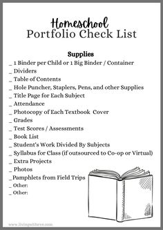 the homeschool portfolio check list is shown in black and white, with text overlay