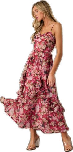 Chiffon Midi Floral Dress With Ruffles, Floral Chiffon Midi Dress With Ruffles, Chiffon Floral Midi Dress With Ruffles, Tiered Chiffon Floral Dress With Floral Print, Flowy Multicolor Midi Dress With Ruffles, Summer Tiered Chiffon Floral Dress, Tiered Chiffon Floral Dress For Summer, Summer Chiffon Floral Dress In Tiered Style, Flowy Floral Dress With Ruffles