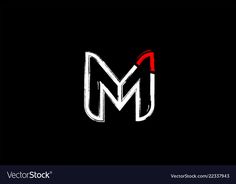 the letter m is made up of white and red lines on black background with an abstract shape