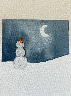 a painting of a snowman with the moon in the sky behind it and watercolor on paper