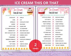 two ice cream game cards with the words ice cream this or that