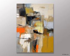 an abstract painting with yellow and grey colors