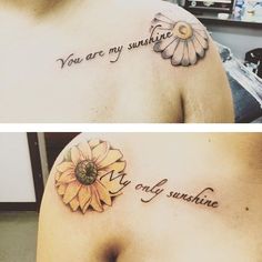 two pictures of the same person's chest with tattoos on them