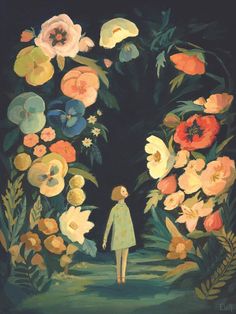 the night garden poster with an image of a woman standing in front of flowers