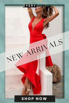 Red Mermaid High-low Formal Evening Dress Red V-neck Evening Dress For Summer, Red Mermaid Hem Dress For Party Season, Red Mermaid Dress For Party Season, Red Mermaid Dress For Party, Red Mermaid Hem Evening Dress For Party, Red Mermaid Hem Party Dress, Red Mermaid Dress For Night Out, Red Fishtail Mermaid Dress For Party, Red Maxi Dress With Mermaid Hem For Prom