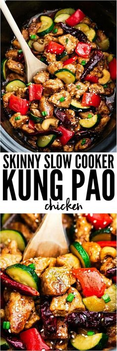 A delicious Skinny Slow Cooker Kung Pao Chicken coated in a sweet and spicy sauce with tender vegetables and crunchy cashews. Skip the takeout, this is so much healthier and better! Slow Cooker Kung Pao Chicken, Kung Pow, Sweet And Spicy Sauce, Keto Brownies, Think Food, Recipes Keto, Corn Dogs