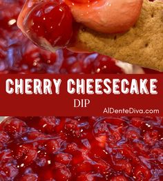 cherry cheesecake dip recipe with text overlay