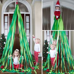 the elf on the shelf is playing with her two children in front of their christmas tree