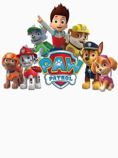 the paw patrol logo is shown in front of several puppies, including two dogs and one