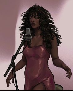 a drawing of a woman in a pink dress holding a microphone and standing next to a chair