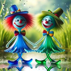 two colorful clowns are standing in the rain