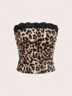 Plus Size Leopard Print Lace Trim Backless Camisole Top For Women Multicolor Casual  Sleeveless Knitted Fabric Leopard Print,Textured Pattern  Medium Stretch  Women Plus Clothing, size features are:Bust: ,Length: ,Sleeve Length: Cheetah Print Tube Top, Leopard Print Tube Top, Leopard Outfit Ideas, Leopard Print Clothes, Leopard Clothes, Leopard Corset, Animal Print Tops, Cheetah Print Top, Leopard Top