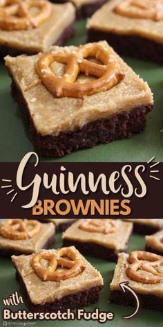 guinness brownies with butterscotch fudge are on a green platter and have pretzels in the middle