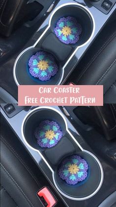 car coasters with free crochet pattern on the center console and steering wheel