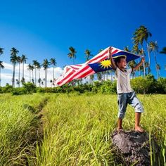 a young boy holding an american and malaysian flag standing on a rock in a field