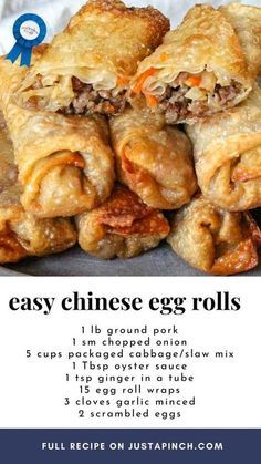 an advertisement for chinese egg rolls with the recipe in blue and white text on it