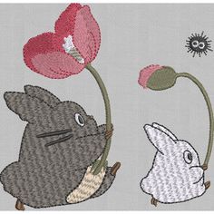 an animal and a bunny are in the air with flowers on each side of them