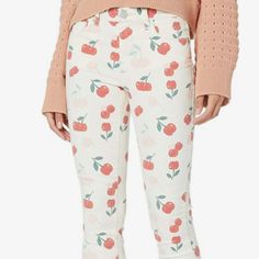 Pink And Red Cherries, On White Background, 90% Cotton, 8% Polyester, 2% Spandex, Machine Washable White Elastane Bottoms For Spring, Fitted White Printed Bottoms, Blank Nyc, Pink And Red, White Background, Mid Rise, Red And White, Cute Outfits, Women Jeans