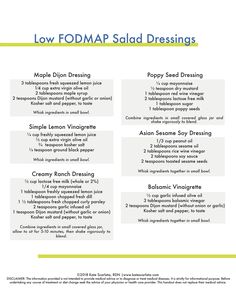 FODMAP friendly Salad Dressings - For A Digestive Peace of Mind—Kate Scarlata RDN Low Fodmap Dressing, Fodmap Food List, Fodmap Diet Plan, Fodmap Recipes Dinner, Ibs Fodmap, Low Fodmap Recipes Dinner, Fodmap Meal Plan, Fodmap Friendly Recipes, Reverse Dieting