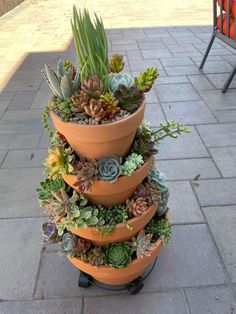 three tiered planter filled with succulents on top of a sidewalk