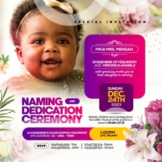 a flyer for a special celebration with an image of a baby and flowers on it