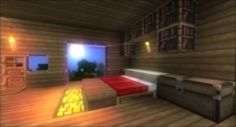 a bedroom with a bed, dresser and chest in it's center area at night