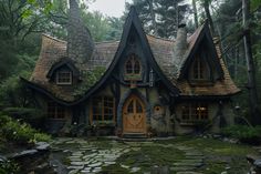 a house in the woods with moss growing on it's roof and shingled windows