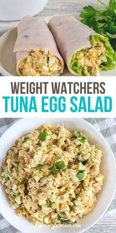 an egg salad in a white bowl with the words, weight watchers tuna egg salad