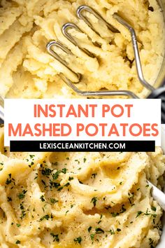 mashed potatoes in a white bowl with a fork and text overlay that reads instant pot mashed potatoes