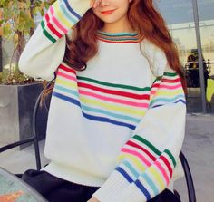 Stripe Knit Sweater, Stripes Sweater, Pastel Sweater, Egirl Outfits, Korean Fashion Outfits, Girls Unique, Rainbow Sweater, Fashion Goals, 17th Birthday