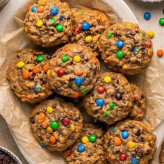 chocolate chip cookies with m & m candy on top