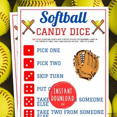 two softballs are next to each other with the words softball candy dice on them