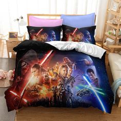 the star wars movie poster bedding set is shown with two pillows and one pillow case