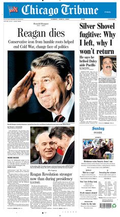 the chicago tribune newspaper front page with images of reagan and bill clinton on each side