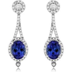 Royal 14K White Gold Drop Earrings with Oval Tanzanites and Diamond Halo - 2.60 Carat Total Tanzanite and 0.63 Carat Total Diamond Weight Exquisite Oval Brilliant Cut Diamond Earrings, Exquisite Oval Diamond Earrings With Brilliant Cut, Elegant Tanzanite Formal Earrings, Elegant Tanzanite Earrings For Formal Occasions, Classic Oval Sapphire Diamond Earrings, Formal Gia Certified Oval Earrings, Elegant Oval Diamond Earrings For Formal Occasions, Oval Diamond Earrings With Elegant Design For Formal Occasions, Oval Gemstone Earrings For Formal Occasions