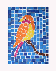 a colorful bird sitting on top of a blue and yellow mosaic tile wall art piece