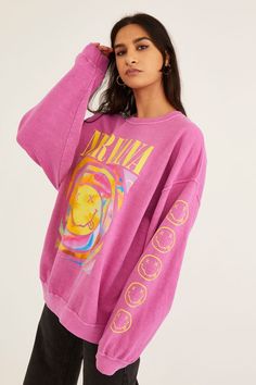 Urban Outfitters + Nirvana Smile Overdyed Sweatshirt Pink Nirvana Sweatshirt, Pink Nirvana, Nirvana Smile, Nirvana Sweatshirt, Smiley Face Sweatshirt, Nirvana Smiley Face, Smiley Faces, 2020 Fashion, Cotton Fleece