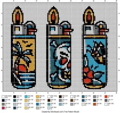 the cross stitch pattern shows two lighters with different colors and designs, one has an image of mickey mouse on it