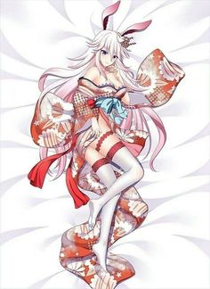 an anime character with long white hair and red stockings, holding a large object in her hand