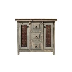 an old wooden cabinet with two doors and three drawers on one side, against a white background