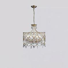 a chandelier hanging from the ceiling with crystal drops on it's sides