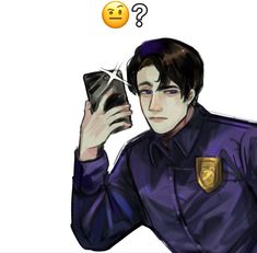 a drawing of a man in uniform holding a cell phone to his face with an emoticive thought bubble above him