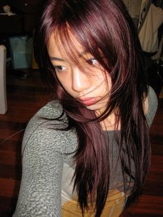 #cherry #cherrycolahair Red Over Brown Hair No Bleach, Red Hair On Asian Women, Cool Highlights For Brown Hair, Red Hair Subtle, Dark Red Hair Color Short, Hair Colors For Asians, Dark Red Asian Hair, Red Over Brown Hair, Dark Red Wavy Hair