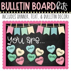 bulletin board for valentine's day with hearts and bunting