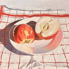 an oil painting of two apples on a plate with a red and white checkered tablecloth